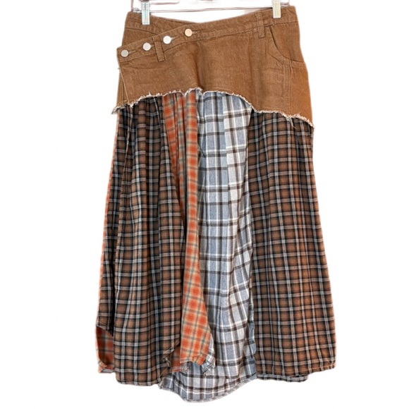 MICAS Western Patchwork Plaid Hi-Lo Skirt Raw Hem Boho Prairie Size L - Picture 2 of 10